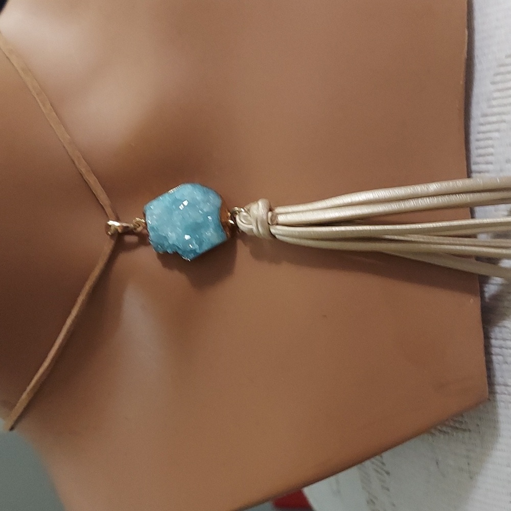 Gold-Dipped Turquoise Druzy Stone Tassel Pendant Leather Necklace